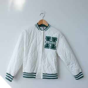 HARVARD University Jacket Girls 11-12‎ White Varsity Quilted Bomber Green School